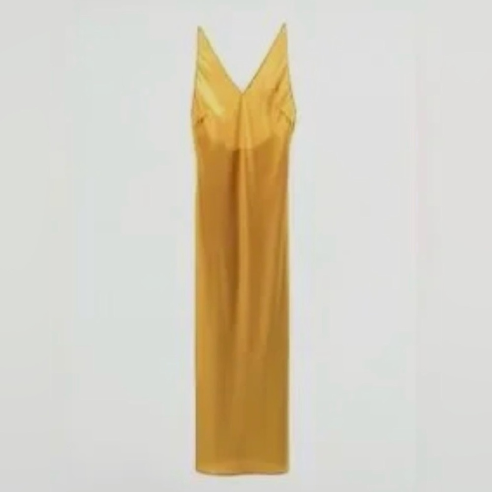 ZARA Satin Effect Slip Maxi Dress Mustard Yellow Open Back Size L - Picture 2 of 5